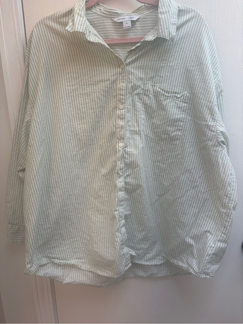 Old Navy Light Green & White Striped Button-Down Shirt - Boyfriend fit